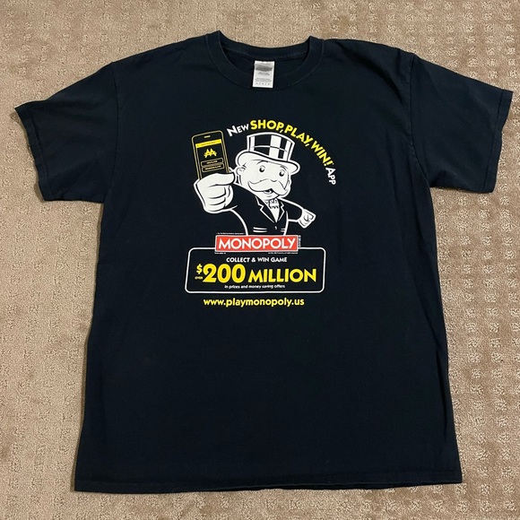 Monopoly Play Monopoly Shop Play Win App Unisex Promo Graphic T-Shirt - Picture 3 of 9